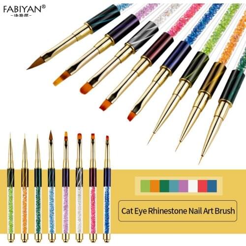 Manicure Tool Cat Eye Brush Crystal Gradient Acrylic Nail Art Painting Drawing Flower Liner Brush Pen Rhinestones Handle Design