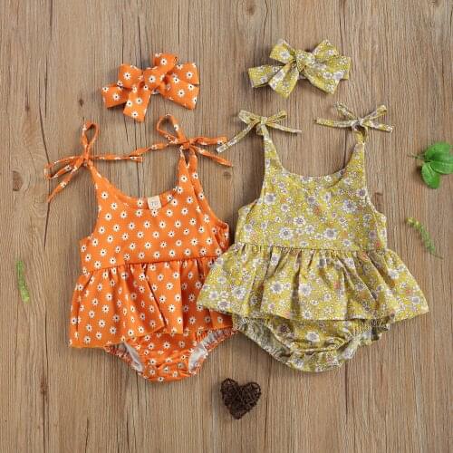 Baby Girl Floral Rompers Newborn Summer Casual Suit O-Neck Elastic Lace-up Sling Romper Dress Bow Headband 2Pcs Newborn Clothes