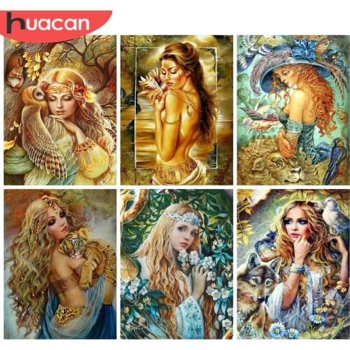 HUACAN 5D DIY Diamond Painting Girl Mosaic Rhinestone Cross Stitch Tiger Full Square Diamond Embroidery Figure Wall Art