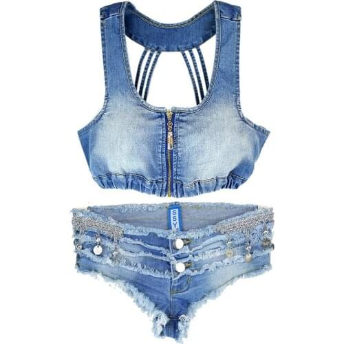 New Two-piece Sexy Shorts Sets Womens Denim Vest Halter Hollow Wild Tube Top + Nightclub Sexy Jeans Shorts Bells Hot Pants
