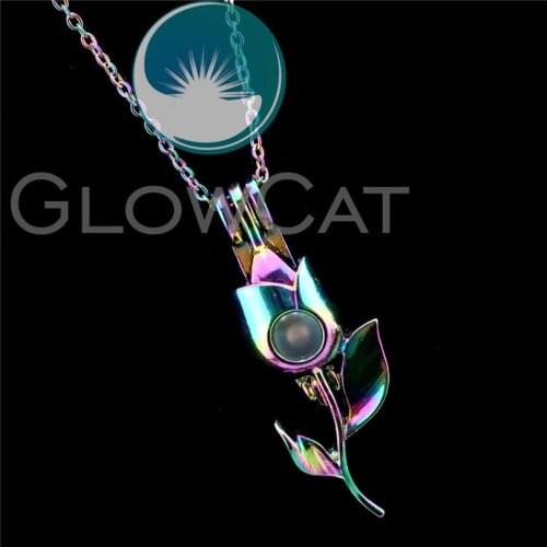 R-C734 Rainbow Tulip Flower Beads Cage Pendant Perfume Diffuser Aromatherapy Pearl Cage Locket Necklace Party Gift