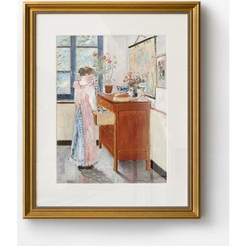 Hand-mounted Impressionist Girl and Balcony Decoration Painting with Vintage Gold Frame girl bedroom decoration