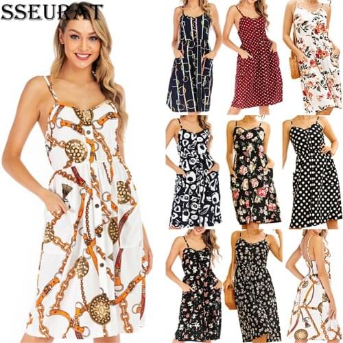 SSEURAT Vintage Casual Sundress Female Beach Dress Midi Button Backless Print Women Dress Summer 2021 Boho Sexy Floral Dress