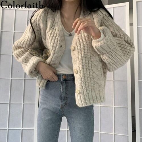 Colorfaith New 2021 Winter Spring Womens Sweaters V-Neck Buttons Cardigans Oversize Fashionable Korean Ladies Knitwears SWC755