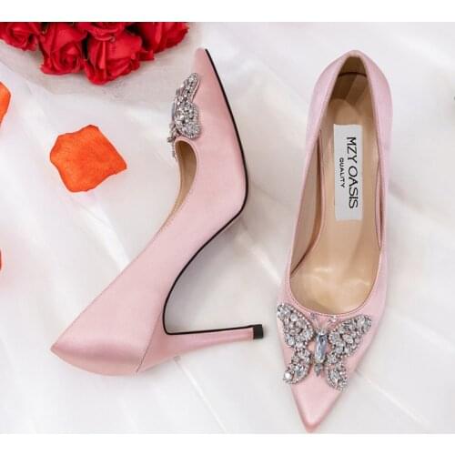 Sandalias Mujer 2021 Women Bridal Wedding Shoes Faux Silk Satin Rhinestone Crystal Shallow Woman Pumps Stiletto High Heel