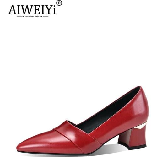 AIWEIYi High Heels Shoes Woman Soft Leather Thick High Heels Pointed Toe Spring Red Leather Shoes Platform Pumps