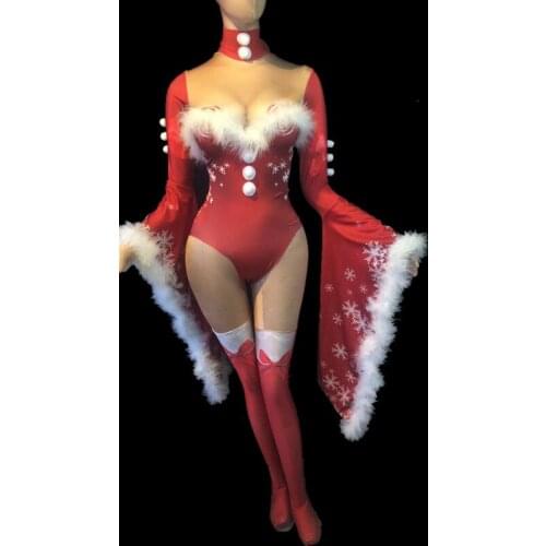 Female Personalized Red Long Sleeves Removable Fluffy Short Skirt Womens Bow Pattern Bodycon Jumpsuits Sexy Women Singer Wear