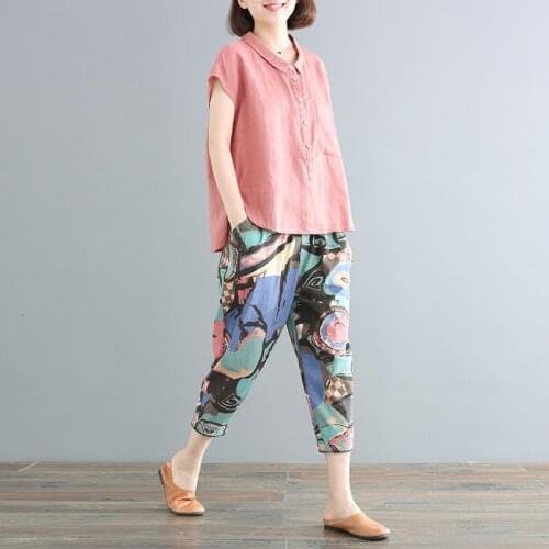 Female 2021 Summer Loose Short-sleeve Top and Nine Points Printing Harem Pants Suits Casual Two-piece Suit Women Outfits Y752