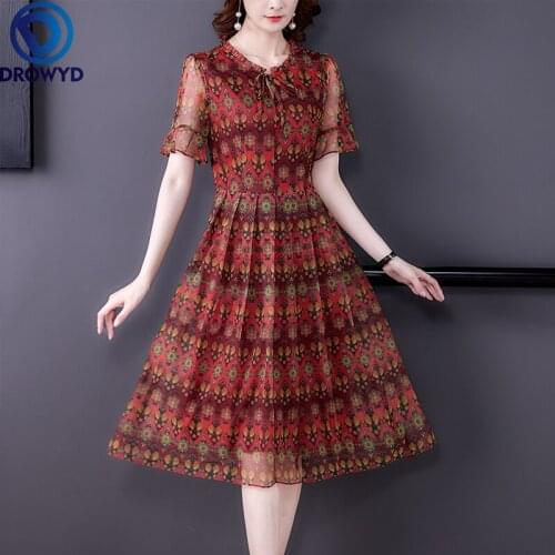 2021 Fashion Floral Mulberry Silk Midi Sundress Women Vintage Short Sleeve Chiffon Beach Summer Elegant Bodycon Party Vestidos