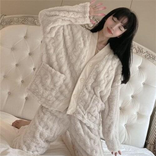 Winter Warm Flannel Pajamas Sets For Women Pyjamas Sets Thick Coral Velvet Sleepwear Pijamas Suit Female Homewear Mujer pjs 2pcs