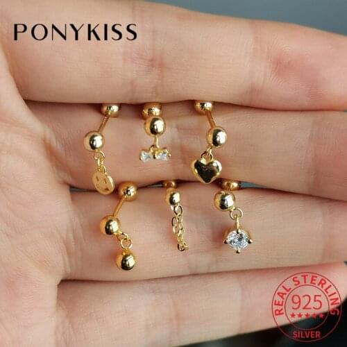 PONYKISS 1 PCS Real 925 Sterling Silver Round Chain Bead Heart Zircon Stud 14K Gold Earrings Women Fine Jewelry Drop Shipping