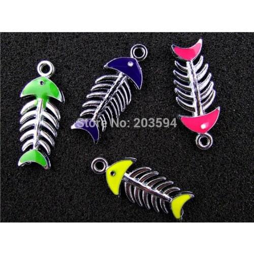 PO393 Mix Color 20Pcs Alloy Metal Enamel Fish Bone Charms Pendants 33x13mm