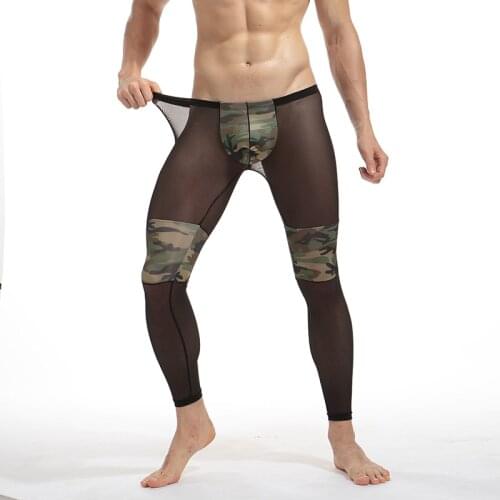 Men Mesh Pants Camouflage Fitness Pouch Sexy Tight Comfortable See Underwear Sheer Transparent Low Waist Men Fashion Long Johns