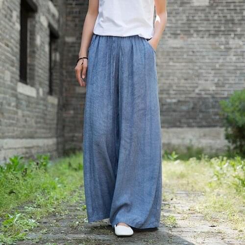 Women Summer Tencel Wide Leg Elastic Waist Pants Ladies Loose 2020 Tencel Elastic Waist Wide Leg Trousers Female Pants