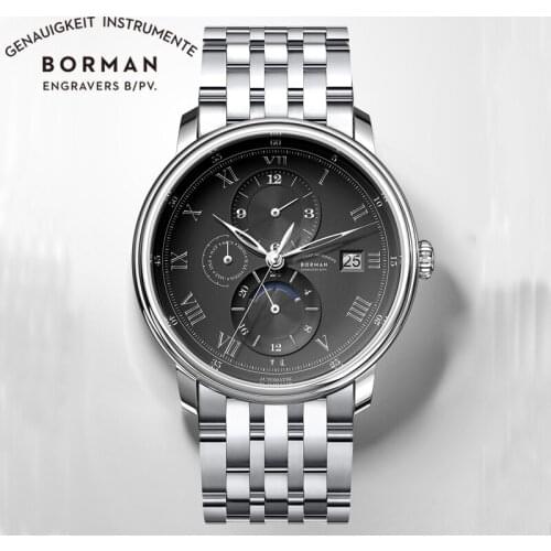 BORMAN Retro Men Mechanical Automatic Watches 316L Stainless Steel Mens Watches Multifunction Sapphire Glass Waterproof Watches
