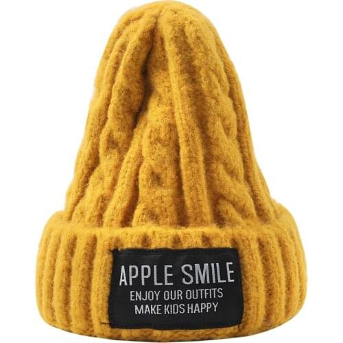 Childrens winter beanie cute solid color embroidery knitted hat wholesale boys and girls black yellow blue warm hat