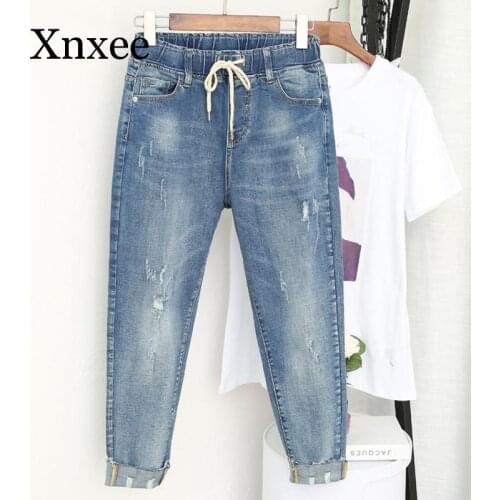 Blue 5XL Plus Size Boyfriend Jeans For Women Casual Vintage High Waist Jeans Denim Harem Pants Elastic Waist Denim Jeans Femme