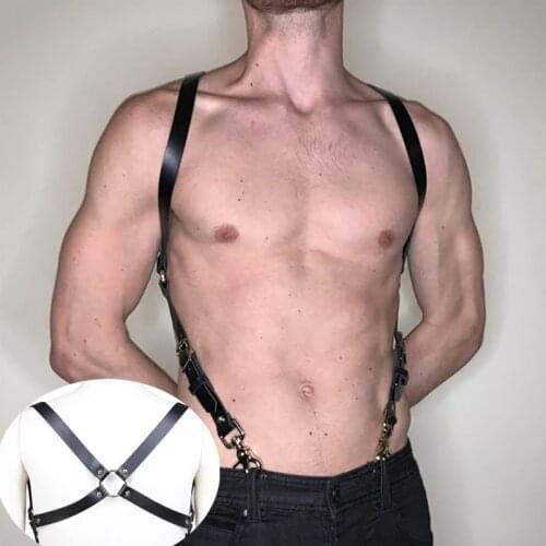 Leather Fetish Men Gay Sexual Chest Harness Belts BDSM Body Bondage Cage Men Harness Strap Rave Gay Clothing for Adult Sex Games