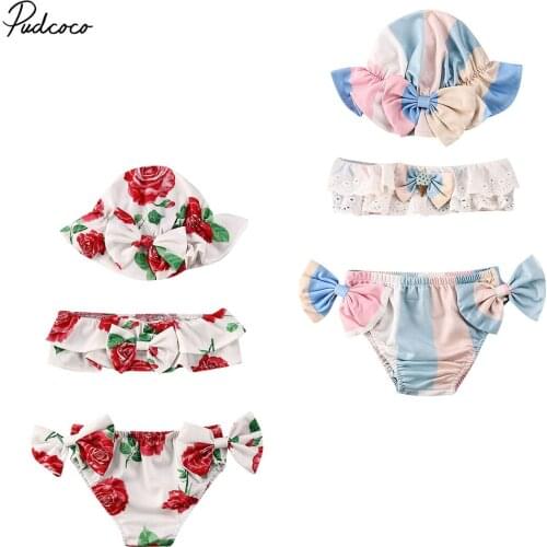 2020 Infant Swimming 3pcs Newborn Kids Baby Girl Clothes Set Summer Floral Bow Top+Shorts+Sun Hat Swimwear Swimsuit Bathing Suit