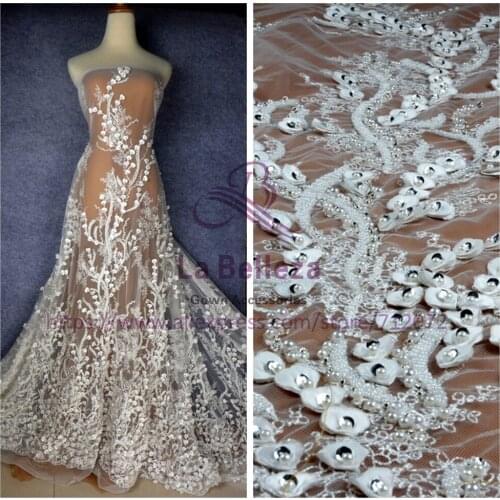 La Belleza New Off white/black/beige heavy 3D flowers handmade beading wedding/evening dress lace fabric SNDD1801 1 yard