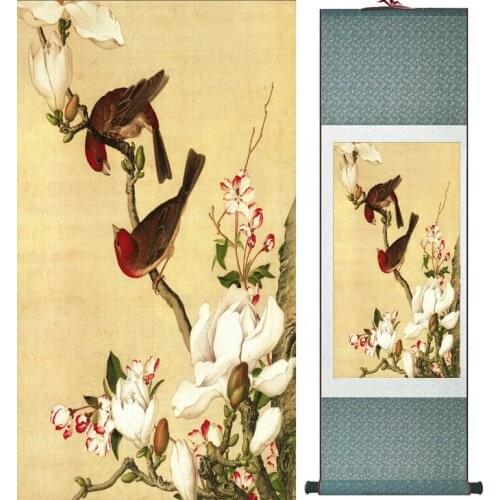 LangShining ink painting Birds and flower Painting Spring Ink wash painting silk scroll birds and flower painting
