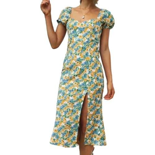 Summer Women’s Casual Puff Sleeve Dress Sexy Split Fashion Floral Slim Mid-length Dress Sundress Elegant Holiday Beach Vestidos