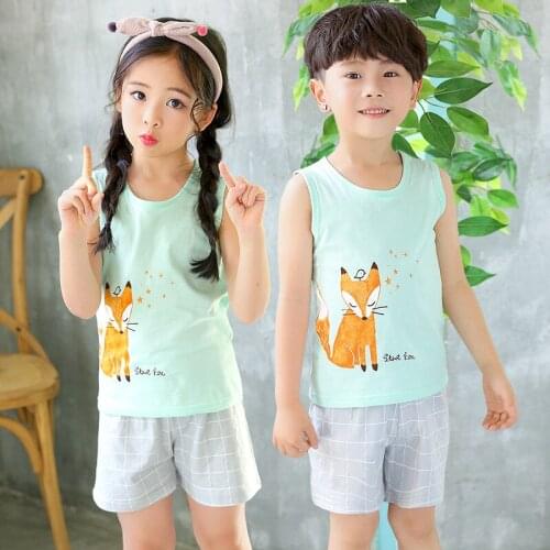 Toddler Summer Clohes Girls Cotton Shorts Home Wear Tracksuit For Boys Fox Printed Sleeveless Tops Cute Kids Clothing For Teens