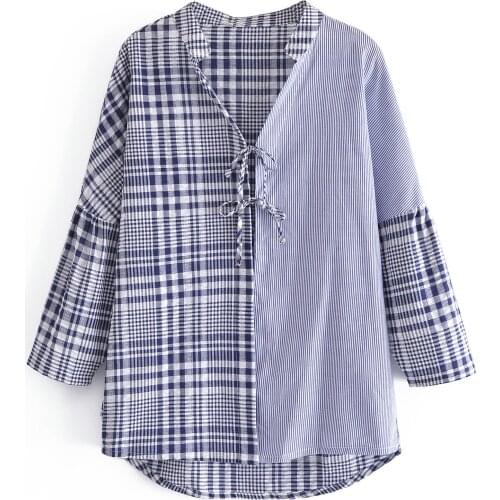 Summer Womens Fashion Asymmetrical Stitching Plaid Striped Loose Cotton Shirt