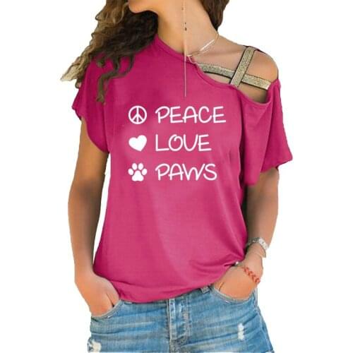 Peace Love Paws Print Women tshirt Cotton Casual Funny t shirt For Lady Girl Irregular Skew Cross Bandage tee tops