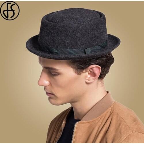 FS Vintage Pork Pie Hat Men Black Wool Fedora Hats Felt Round Top Hats Gangster Jazz Ribbon Chapeu Fedoras Godfather Hats