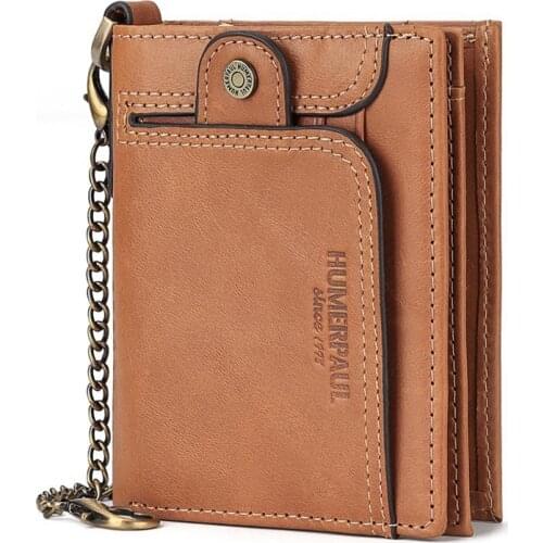 Genuine Leather Mens Wallet RFID Theft Protection Zipper Hasp Retro Chain Wallets Casual Male Coin Purse Money Clip Card Holder