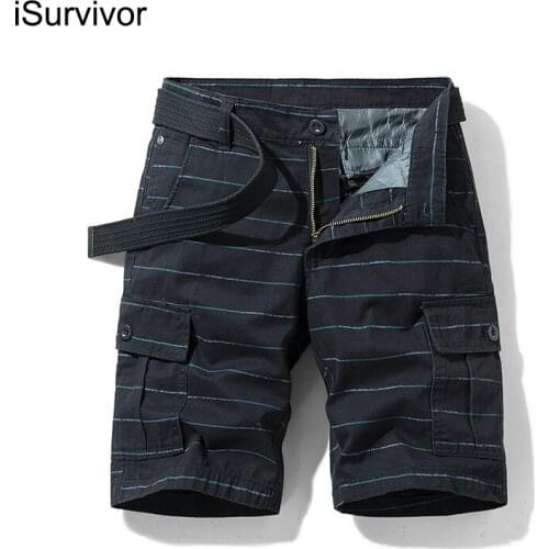 2021 Mens Summer New Loose Fashion Horizontal Stripe Printed Cargo Shorts Six-pocket Five-point Pants