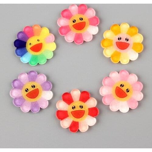 New Arrival Colorful Smiling Face Sunflower Resin Cabochons 26mm Flatback Kawaii Cute Patch sticker Ornament Garment Clay Charm