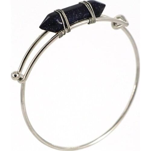 Silver Plated Wire Wrap Hexagon Column Blue Sand Stone Bangle Green Aventurine Fashion Jewelry