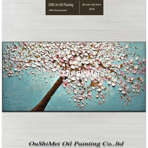Hand Painted Light Blue Background Rich Tree Oil Painting on Canvas Knife Flower Landscape Wall Painting for Living Room Decor