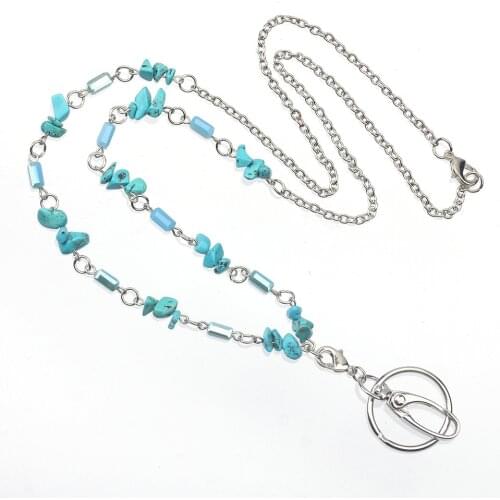 Light Blue Beaded Lanyard Chain Necklace Stainless Steel Lanyard key ring for Girl Women