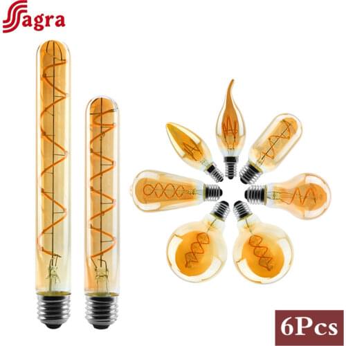 6pcs/lot Retro LED Spiral Filament Light Bulb 4W 2200K 220V E14 E27 C35 A60 T45 ST64 T185 T225 G80 G95 Vintage Edison LED Lamp