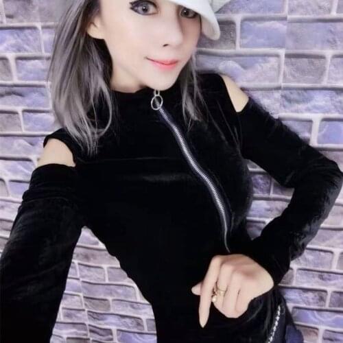 Spring Fashion 2020 Women Patchwork Blue Black Velour Tees Tops Women Slim Elegant Zipper Turtleneck Velvet T Shirt Femme