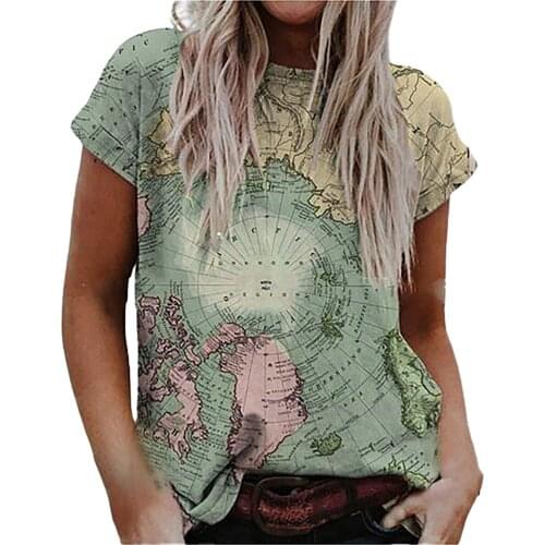 Vintage Map Print T-shirts Womens Retro Geometric Pattern Round Neck Casual Short-sleeved T-shirt Harajuku Streetwear Tshirts