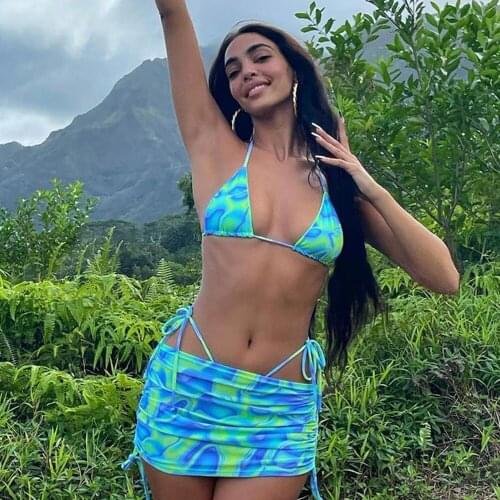 Aesthetic Print Bandage Halter 2021 2 Piece Outfits Sexy Hot Bra Top+drawstring Pleated Mini Skirt Summer Beachwear Outfits New