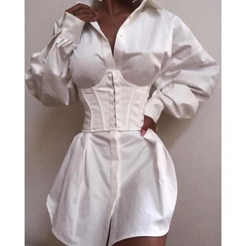 2020 Women Elegant White Mini Dress Female Party Workwear Solid Long Sleeve Tight Waist Buttoned Shirt Dress