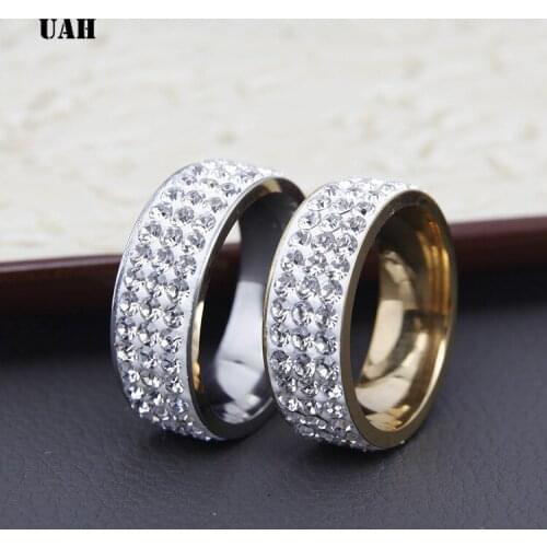 UAH Stainless Steel 3 Rows Crystal Rings for Women 8mm Wedding bands Fashion Jewelry