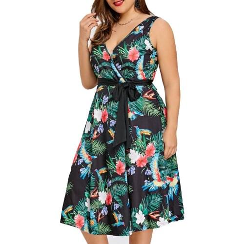 Women Plus Size Deep V Neck Sleeveless Floral Printed Vintage Party Dress Ladies Retro Casual A Line Dress Robe Femme S-5XL