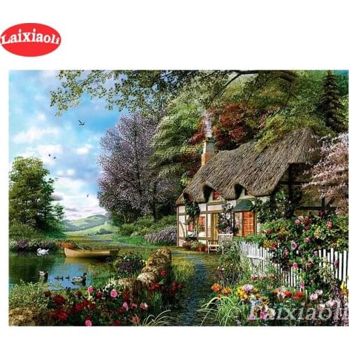 Diamond painting cottage natural landscape cross stitch diamond embroidery mosaic village house lake room Decoration painting