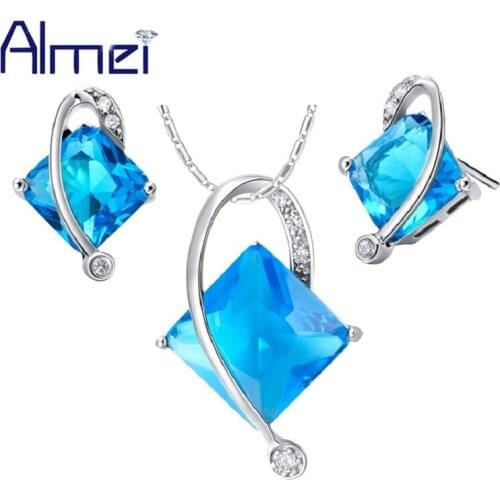 Almei Bridal Square Blue Crystal Jewelry Sets Silver Color Necklace Pendants Set Gifts for Women Jewellery Earrings 2018 T295NR