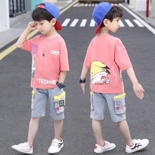 Free shipping! Boys' printed T-shirt + Overalls Set summer short sleeve baby comfort