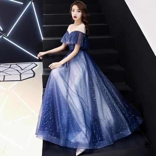 Free shipping navyBlue long sequined ruffle lady girl women princess bridesmaid banquet party prom dress gown