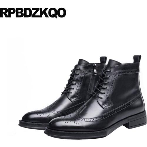 Business men brogue black formal dress handmade oxford shoes booties lace up genuine leather autumn full grain boots wingtip