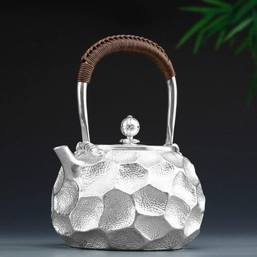 Pure silver Kung Fu tea set, manual production pure silver 999 do old burn water kettle mention beam pot, office gift collection