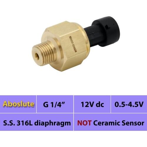Absolute pressure sensor, 12V, 24Vdc supply, 0.5 4.5V signal, 30, 50, 75 psi, 100 kpa, 1.6, 4, 6, 10bar. 2.5mpa, G 1 4 in thread